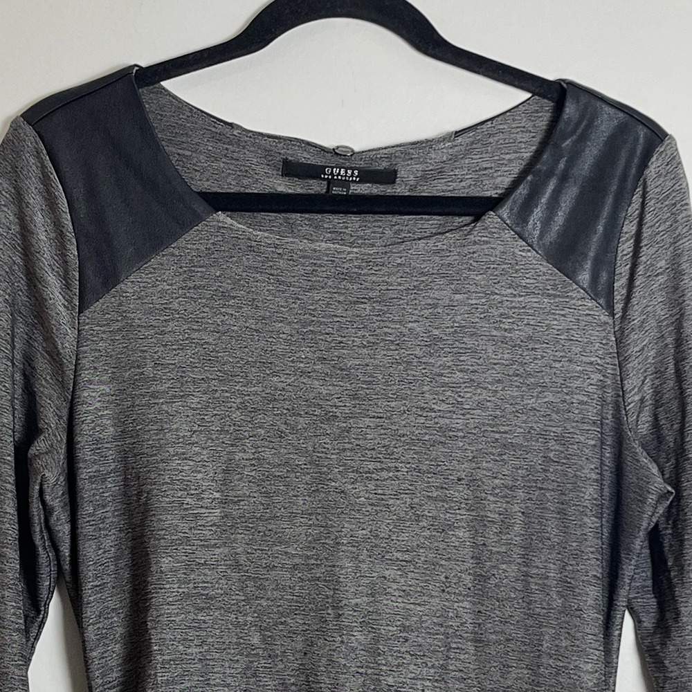 Guess Los Angeles Grey Space Dye Ruched Bodycon Dress Faux Leather Trim Large